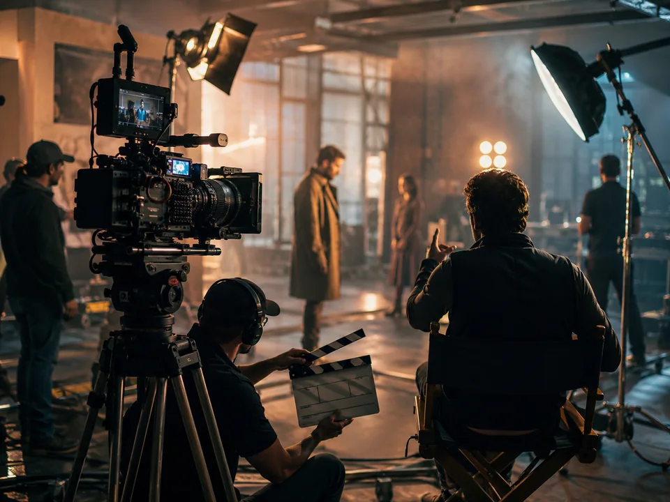 Professional film crew working on a production set